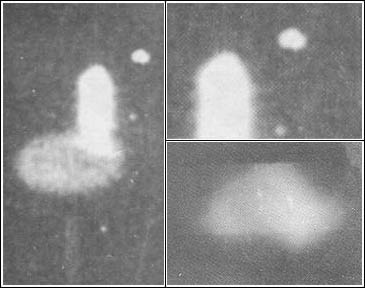 Mosaico elaborado en base a las imagenes publicadas en Cuarta Dimension. A la izquierda la foto tomada por Manuel Figal  y a la derecha sendas ampliaciones del objeto brillante junto al principal. En ellas se pretende ver un OVNI 'Adamskiano' donde no existe m&aacute;s que una forma indefinida