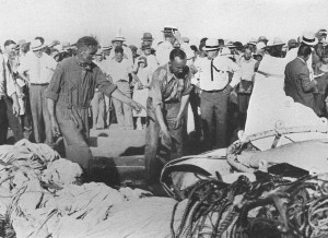 View of the remains of the gondola flattened by the violent ground impact - (National Geographic Magazine)