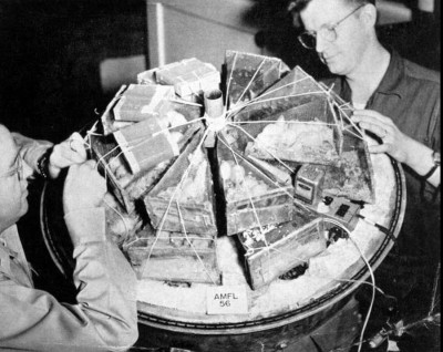 Interior view of the animal gondola used in these series of flights. Inside the triangular cages are the mice to be flown. Credit: USAF photo